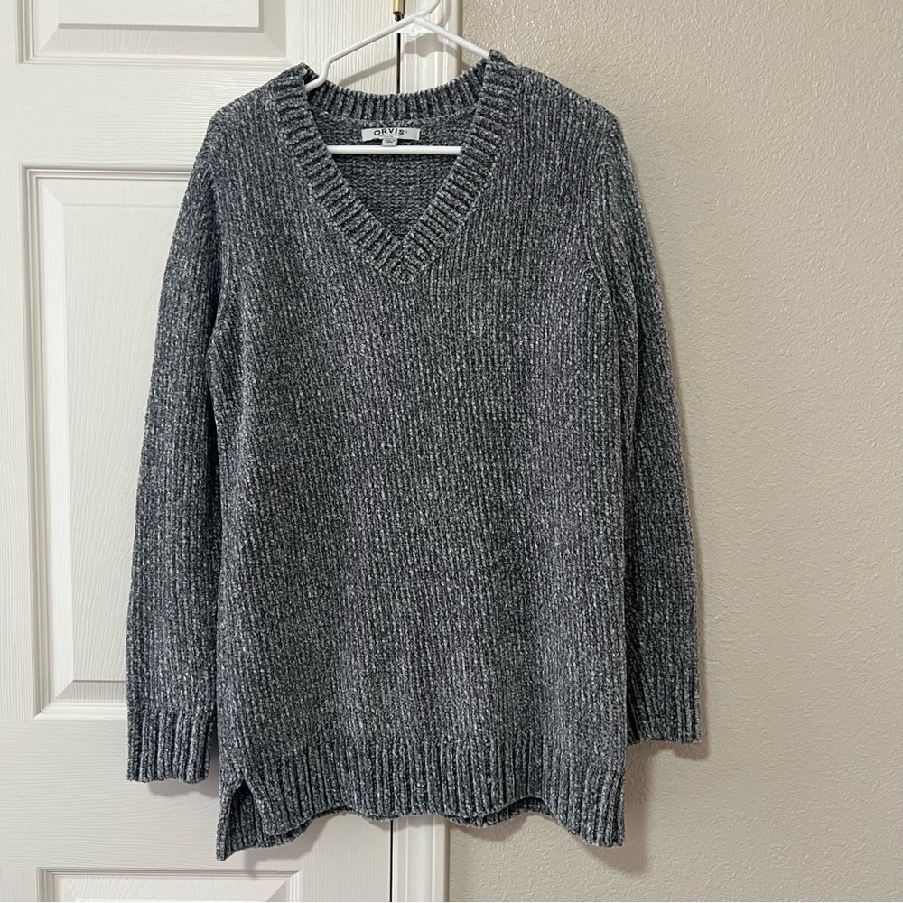 Orvis Gray Ribbed V Neck Chenille Sweater Womens Large Style 1420674